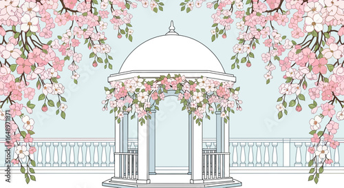 Elegant Outdoor Wedding Gazebo Adorned With Blooming Cherry Blossoms Graphic