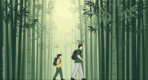 Father and daughter hiking through serene bamboo forest, embracing nature together,vector illustration, family bonding and outdoor activities, peaceful scene