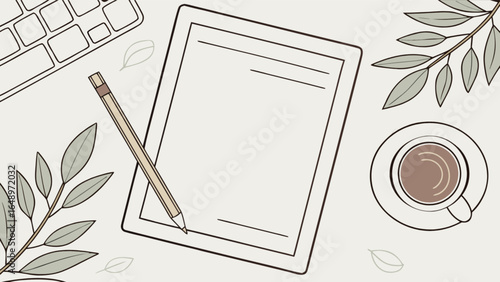 Workspace flat lay illustration with keyboard, tablet, coffee, pencil and leaves vector design art
