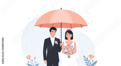 Elegant Wedding Couple Protected Under Umbrella Against a Backdrop of Rain Showers
