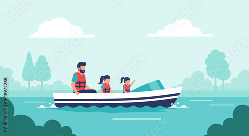 Father With Daughters Enjoys A Boat Trip On A Sunny Day Near Nature