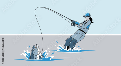Female Angler Catching a Fish On a Freshwater River In The Wilderness
