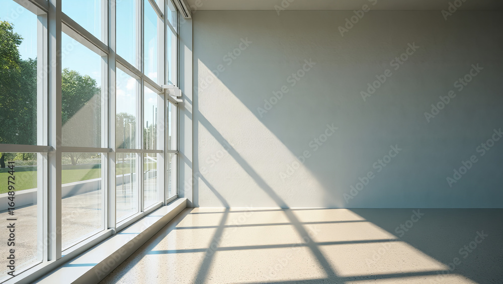 Obraz premium Empty Sunlit Room with Large Glass Windows 