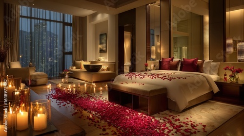 Luxury hotel suite with rose petals on bed and warm lighting, ideal for product shoots