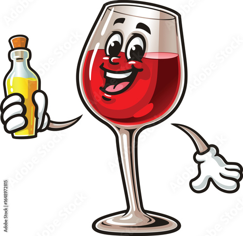 Cartoon mascot of a wine glass holding a bottle of beverage extract