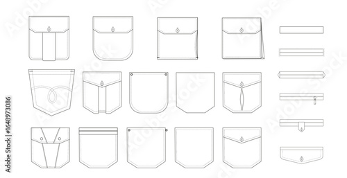 Set of Pockets for clothes - welt, jetted, patch, Square, tab, Rounded, angled, Zipper, jeans, technical fashion illustration. Flat apparel template. Women, men CAD mockup isolated