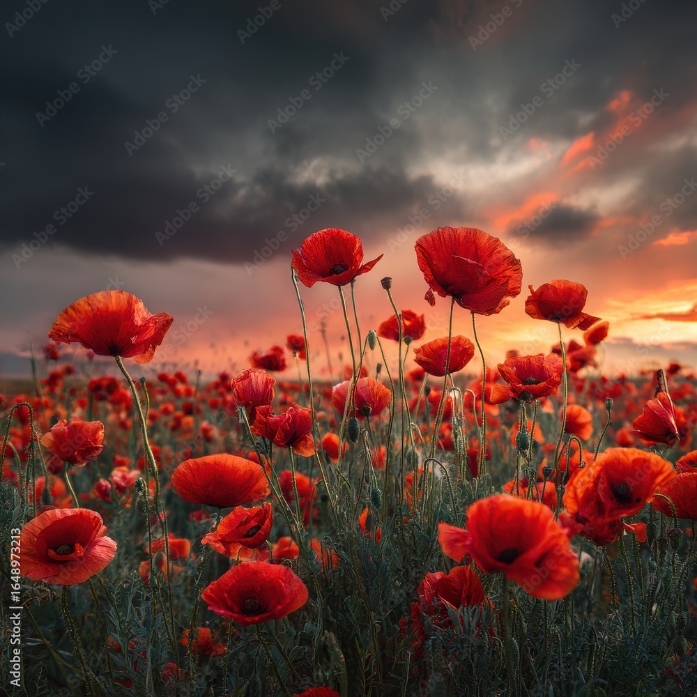Fototapeta premium Sunset Poppies Field Dramatic Sky Landscape Remembrance