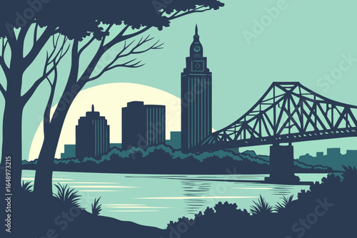 Baton Rouge skyline at twilight with the Mississippi River still and reflective, framed by levees and evening sky gradients, modern flat illustration style.