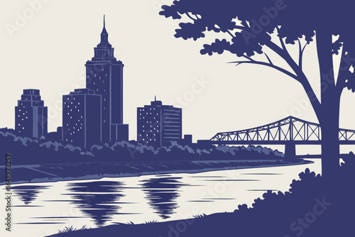 Baton Rouge skyline at twilight with the Mississippi River still and reflective, framed by levees and evening sky gradients, modern flat illustration style.