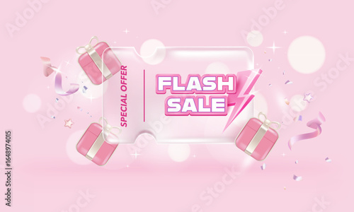 Flash sale transparency coupon in glassmorphism style on pastel gradient background banner template.