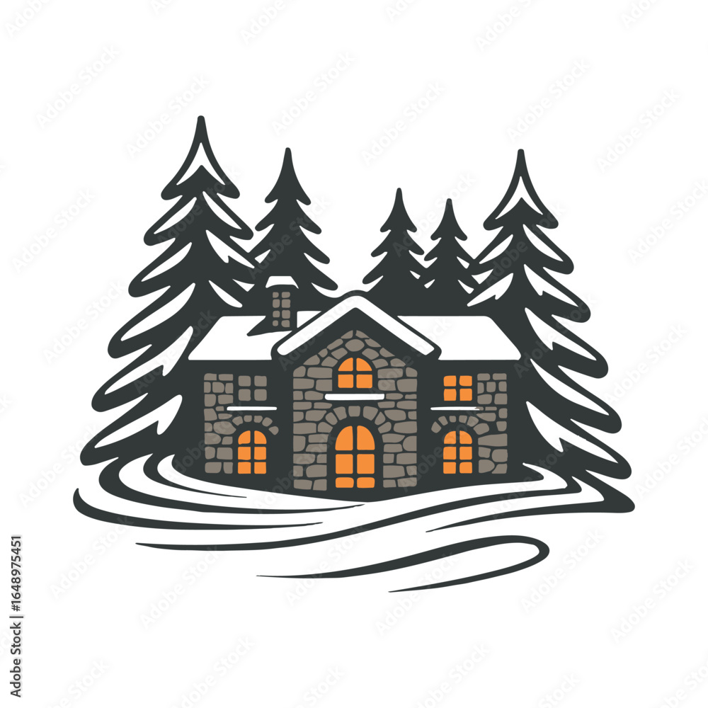 Fototapeta premium A cozy stone cabin in a winter forest with snow on the roof and pine trees around it vector illustration design