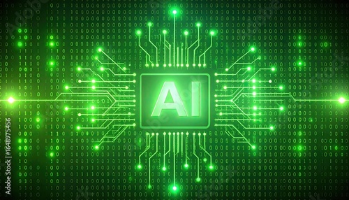 A glowing green AI processor chip on a circuit board with a digital binary code background, representing artificial intelligence technology.