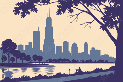 Chicago skyline at twilight with Lake Michigan still and reflective, framed by city parks and evening sky gradients, modern flat illustration style.