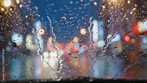 Rainy Night Drive: Car Windshield View with City Lights Blur