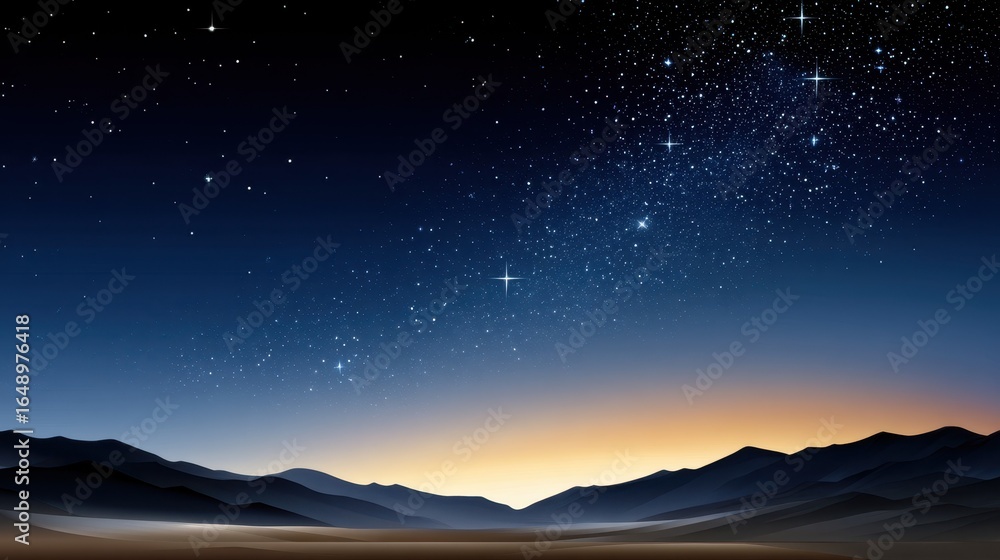 Fototapeta premium Starlit desert landscape at twilight with distant mountains and a gradient sky.