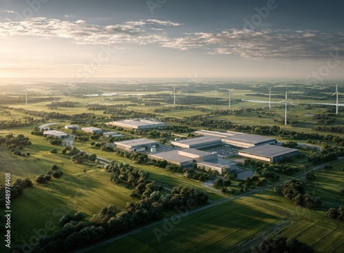 A sprawling industrial complex with multiple large warehouses and manufacturing facilities surrounded by green fields and open land under a partly cloudy sky
