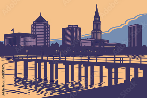 Cleveland skyline at twilight with Lake Erie still and reflective, framed by piers and evening sky gradients, modern flat illustration style.