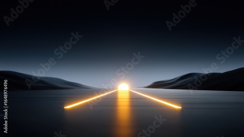 A serene sunset casts a golden glow over a tranquil lake and distant hills.