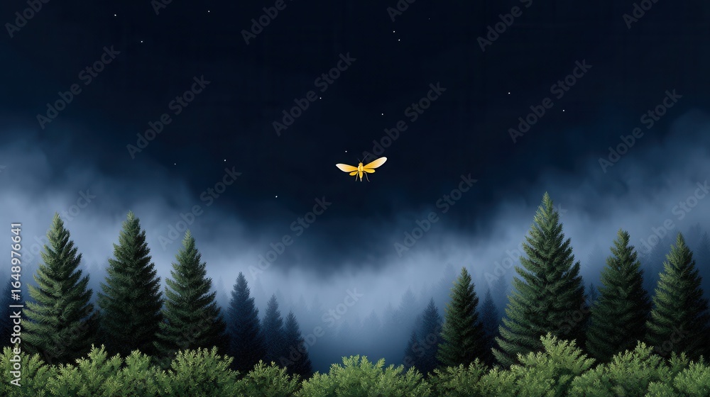 Naklejka premium A glowing yellow moth flies over a misty forest under a starry night sky.