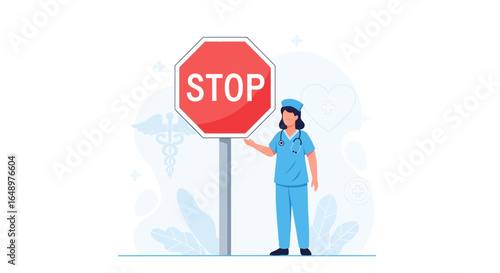 Female Healthcare Professional Presenting a Stop Sign Against Healthcare Crisis