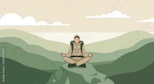 Female Hiker Meditating Atop Mountain Peak Achieving Inner Harmony And Mindfulness