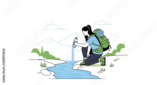 Female Hiker Refilling Water Bottle in Mountain Stream Illustration Style