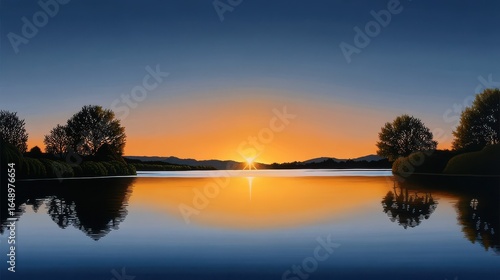 Serene sunrise over a calm lake, surrounded by lush greenery and silhouetted trees.