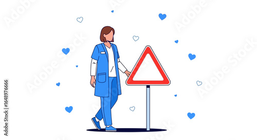 Female Medic Holding Warning Sign With Hearts Background, Emphasizing Important Health Issues