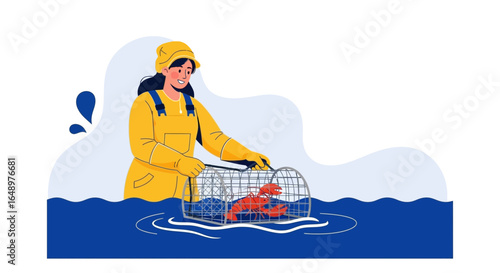 Female Lobster Fisher Pulling Up A Trap In The Ocean Ready For Market