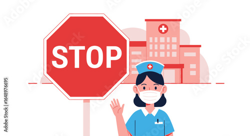 Female Medical Professional With Face Mask Holding Stop Sign At Hospital Building