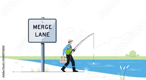 Fishing in the Merge Lane: A Cartoon Illustration of a Man Fishing near a Sign
