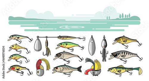 Fishing Lures Collection on Lake Background - Diverse Set of Artificial Baits for Angling Enthusiasts and Sporting Equipment Selection