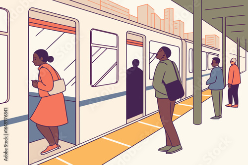 Commuters boarding a subway train at rush hour, great for urban mobility branding