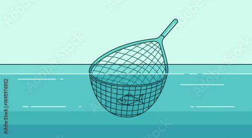 Fishing Net With a Fish Underwater Simple Vector Illustration Minimal Style