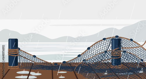 Fishing Net Laying On The Docks In The Rain With Mountains In Distance