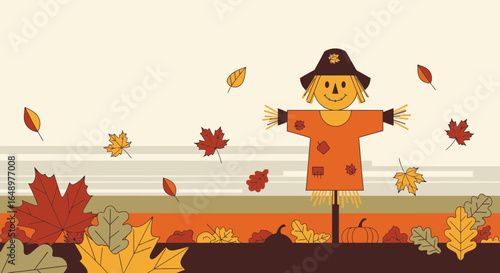 Festive Autumnal Scene With Cheerful Scarecrow And Falling Leaves