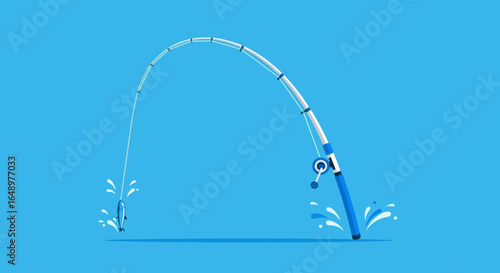 Fishing rod illustration with caught fish and splashing water on blue background