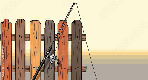 Fishing Rod Leaning Against A Wooden Fence On A Clear Day Illustration