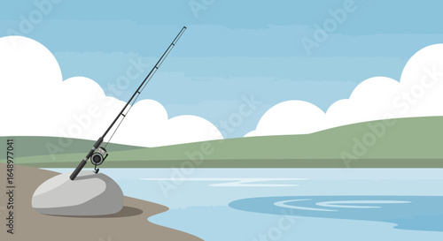 Fishing Rod Leaning on Stone Shoreline in a Flat Style Peaceful Landscape