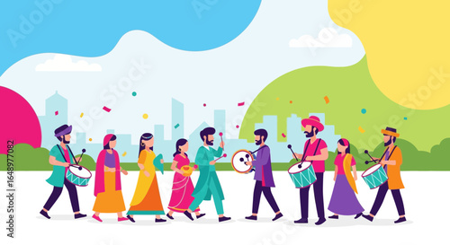 Festive Parade With Traditional Clothing And Musical Instruments Celebration