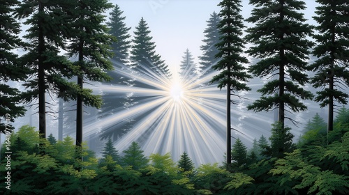 A serene forest scene with sunlight breaking through the trees, creating a mystical atmosphere.