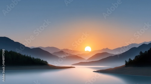 Breathtaking sunrise over serene mountains and calm waters.
