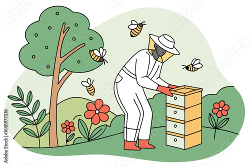 Countryside beekeeper tending hives with buzzing bees and flowers, modern flat illustration style.