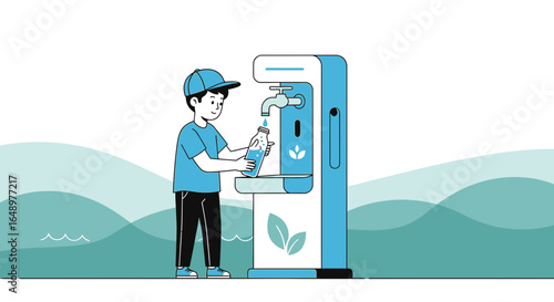Filling Water In A Reusable Bottle From A Public Dispenser Illustration