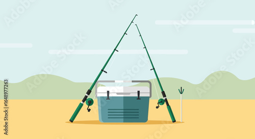 Fishing Still Life With Cooler Against Pastel Backdrop In Flat Vector Style