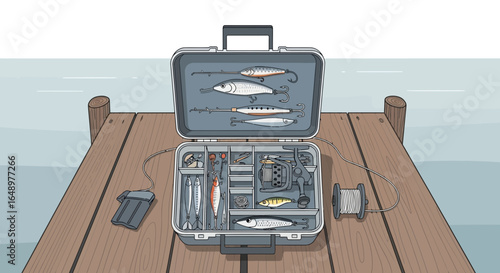 Fishing tackle box on wooden pier showcasing angling equipment against a serene sea background