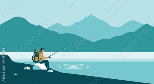 Fishing Trip Vector Art Illustration Depicts A Hiker By The Lake