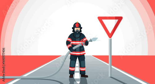 Firefighter In Action Posing Courageously Near Yield Sign On Highway Scene