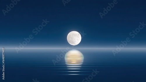 Radiant full moon reflecting on calm water at twilight.