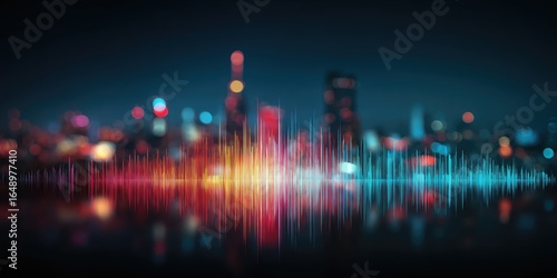 Night city skyline with audio waveforms